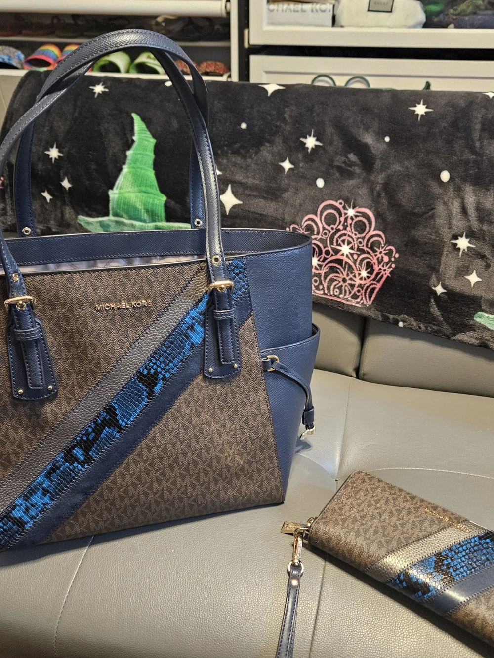 Michael Kors Blue and Brown Signature Tote with Snake-Print Accent And Wallet